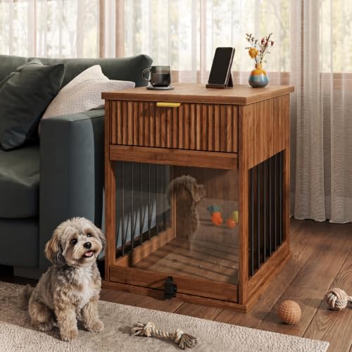 Dog Crate Furniture End Table for Small Dogs with Charging Station (Brown), view 2