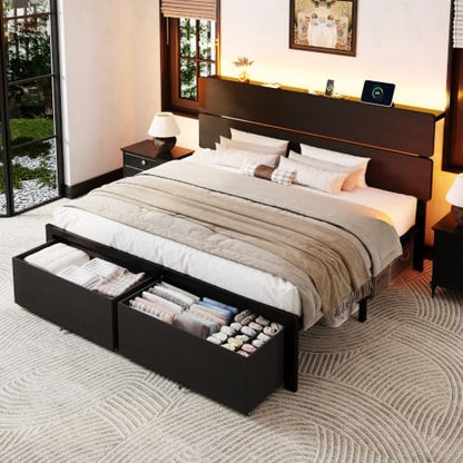 King Led Bed Frame, 2 Storage Drawers, Charging Station, Black, view 4