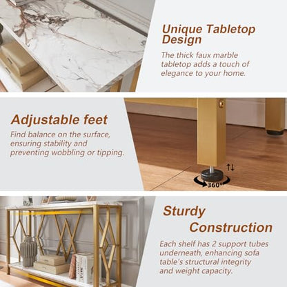 55 Inch Modern Entryway Console Table, White & Gold Faux Marble Top Engineered Wood Sofa Table with 2-Tier Open Storage, Entry Table for Hallway & Living Room