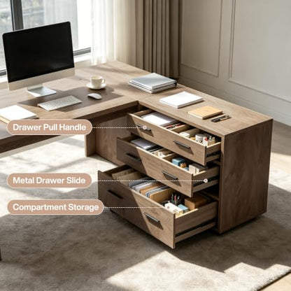 63" L-Shaped Executive Desk with File Cabinet, Brown, view 8