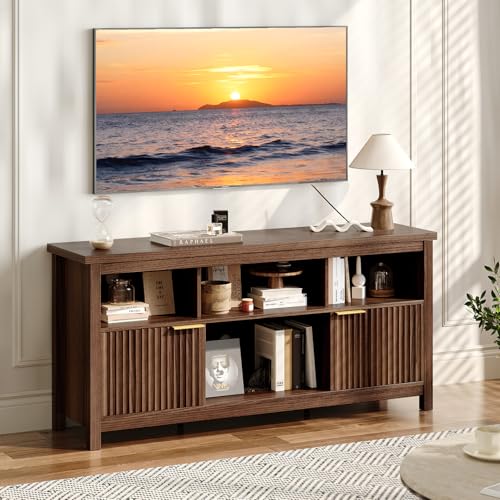 58" Fluted TV Stand for TVs up to 70", Modern TV Stand with Storage & Adjustable Shelves, Elegant Media Console Entertainment Center for Living Room & Bedroom, Walnut