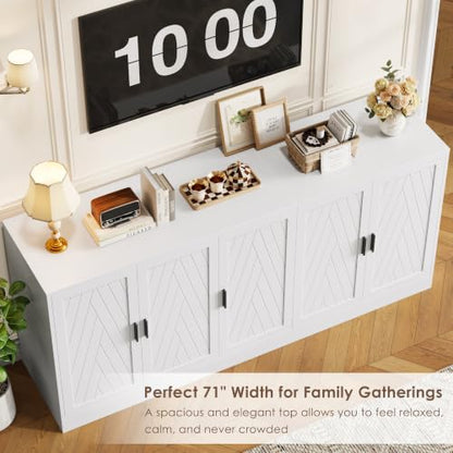 71" White Buffet Cabinet, 5 Chevron Door Modern Farmhouse Coffee Bar, view 7