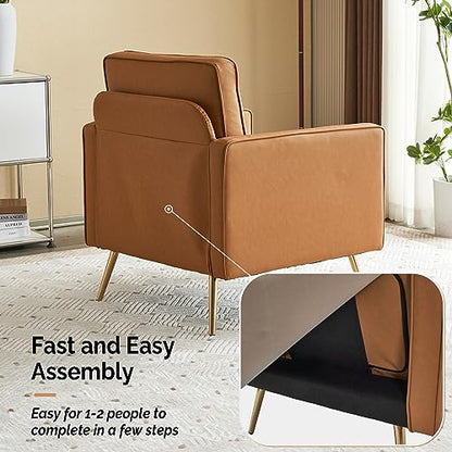 Modern PU Leather Accent Chair for Living Room,Bedroom Comfy Chair Arm Chair Reading Chair with Golden Metal Legs and Deep Seat for Office,Apartment,Small Space,Cognac