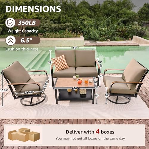 Patio Furniture Sets,4 Pieces Metal Outdoor Conversation Sofa Set with High Back Swivel Rocking Chairs with Anti-Scald Armrest,Double-Deck Wooden-Grain Table,6" Cushions for Yard