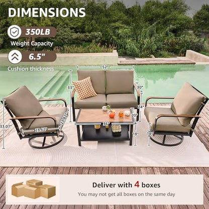 Patio Furniture Sets,4 Pieces Metal Outdoor Conversation Sofa Set with High Back Swivel Rocking Chairs with Anti-Scald Armrest,Double-Deck Wooden-Grain Table,6" Cushions for Yard