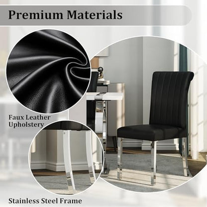 Black and Silver Dining Chairs Set of 2,Leather Upholstered Chairs