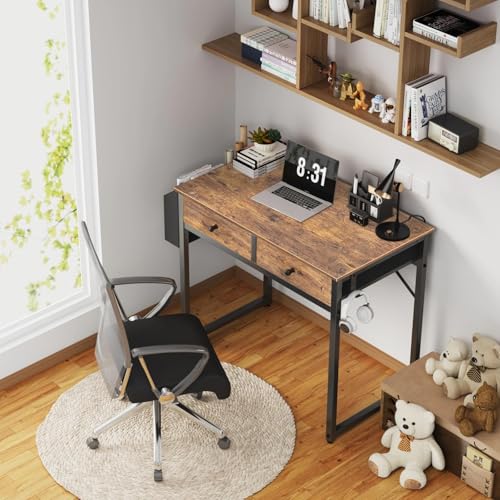 Small Computer Desk with 2 Drawers for Bedroom, 31 Inch Home Office Desk with Storage Fabric Drawer and Bag, Study Writing Table for Small Spaces, Rustic Brown