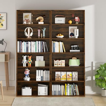 6-Tier Open Bookcase and Bookshelf, Floor Standing Wood Display Storage Shelves 71 Inch Tall Bookcase Home Decor Furniture for Home Office, Living Room, Bed Room, Rustic Brown, 2 Pieces