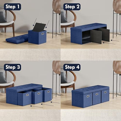 40 Inch Storage Ottoman with 3 Drawers, Tufted Linen, Navy Blue | Foldable Large Bench Design; Foot Rest Stool Seat; Ideal for Living Room, Bedroom or Entryway