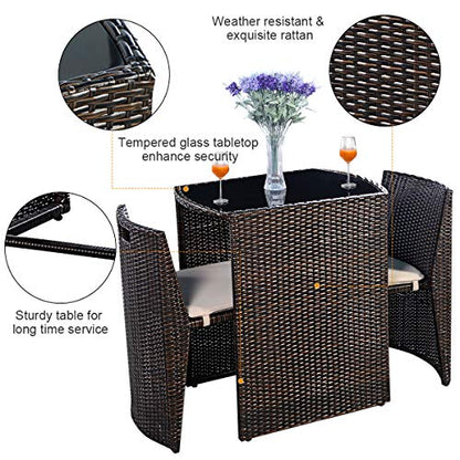 3 PCS Cushioned Outdoor Wicker Patio Set Convention Bistro Set Garden Lawn Space Saving Conversation Sofa Furniture No Assembly (Brown)