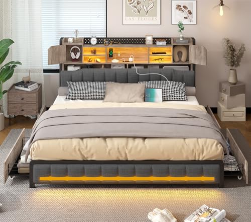 King Size Bed Frame and Bookcase Headboard & Storage Drawers, LED, view 4
