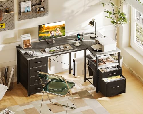 55 Inch L Shaped Office Desk with 6 Drawers, Power Outlet, Grey, view 3