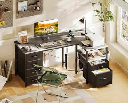 55 Inch L Shaped Office Desk with 6 Drawers, Power Outlet, Grey, view 3
