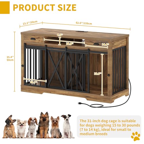 63" Double Dog Crate TV Stand with Charging Station for 2 Dogs, view 3
