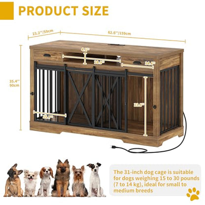 63" Double Dog Crate TV Stand with Charging Station for 2 Dogs, view 3