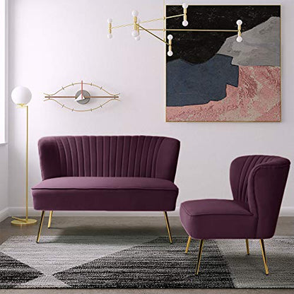 Contemporary Velvet Loveseat Sofa, Upholstered Loveseat Couch with Golden Metal Legs, Small Tufted 2-Seat Sofa Armless Love Seat for Living Room, Bedroom, Apartment Small Spaces, Purple