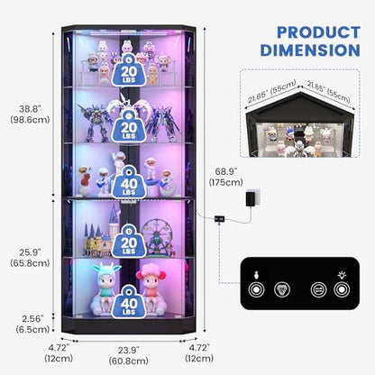 5-Tiers Corner Display Cabinet with Glass Door and RGB Light,Black, view 3