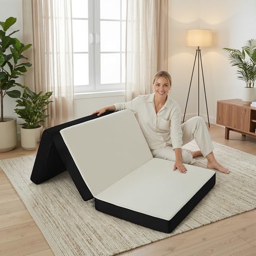 Foldable Mattress Twin, Memory Foam Tri Fold Mattress with Removable Washable Cover, 4 inch Folding Floor Mattresses Nap Pad for Guest, RV, Travel, Camping, White, 75"x38"x4"
