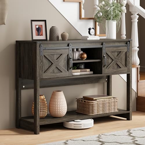 Console Table with Storage Shelf & Sliding Barn Door, Farmhouse Entryway Table with Storage, 46" Narrow Long Sofa Table, Behind Couch Table, Console Tables for Living Room, Entryway, Foyer