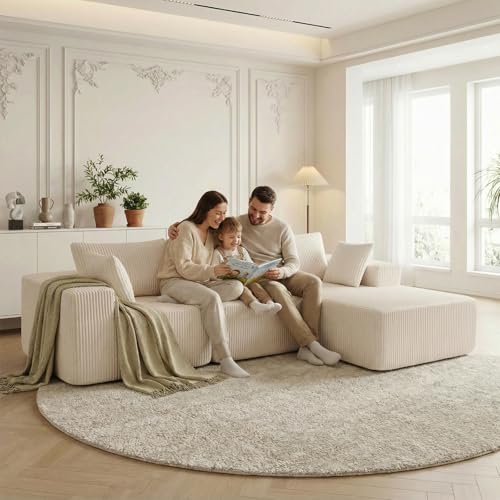 108" L-Shaped Sectional Boneless Couch for Living Room, Upholstered Corduroy Sofa with Deep Seat for Small Apartment, Bedroom, No Assembly in a Box, Right Facing Chaise, Beige