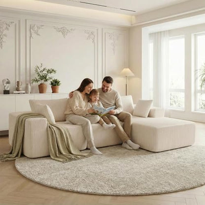108" L-Shaped Sectional Boneless Couch for Living Room, Upholstered Corduroy Sofa with Deep Seat for Small Apartment, Bedroom, No Assembly in a Box, Right Facing Chaise, Beige
