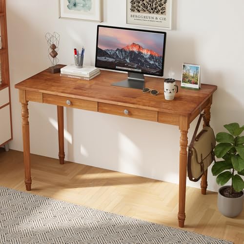 Vintage Solid Wood Writing Desk, 48" W Large Secretary Desk with 2 Drawers, view 2