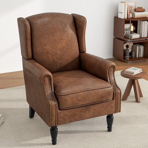 High Back Accent Chairs Set of 2, Faux Leather Upholstered Armchair Wingback Chair for Living Room, Comfy Single Sofa Solid Wood Legs Bedroom Reading Seat (Brown)