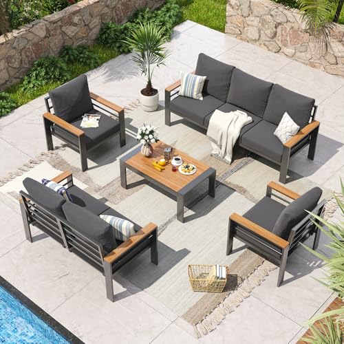 Aluminum Patio Furniture Set 7 Seats, Oversized Outdoor Sectional with Washable Thick Cushions, Coffee Table, Patio Conversation Sets for Porch, Balcony, Deck, Dark Gray