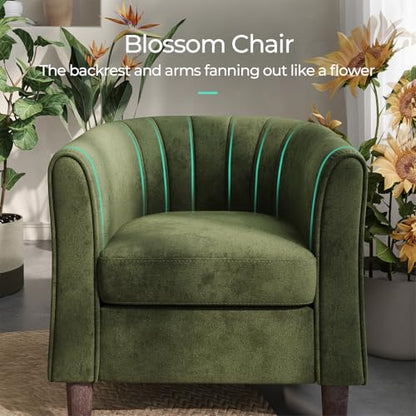 Accent Chair with Ottoman, Modern Barrel Chair Comfy Armchair Reading Chair with Footrest, Small Round Arms Chair for Living Room Bedroom Reading Room, Velvet, Olive