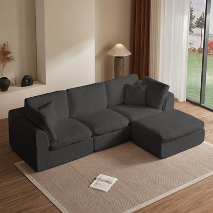 110" Cloud Sectional Couches for Living Room, Convertible L Shape Couch with Ottoman, 3 Seater Modular Sectional Sofa, Gray