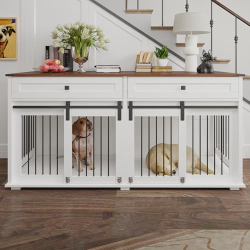 Double XL Dog Crate Furniture, White Wooden Pet Kennel Cabinet with 4 Doors, view 2