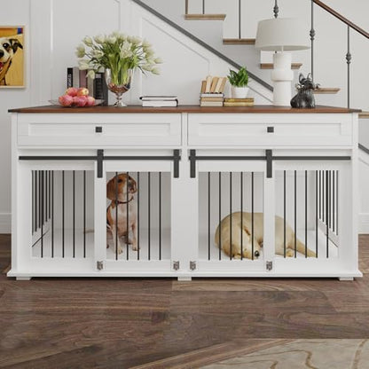Double XL Dog Crate Furniture, White Wooden Pet Kennel Cabinet with 4 Doors, view 2