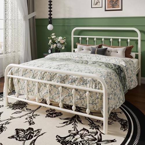 Full Metal Bed Frame with Victorian Iron-Art Headboard, Cream, view 4