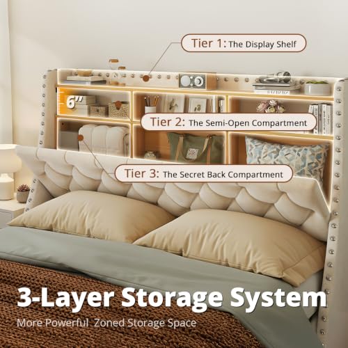 Queen Size Bed Frame with 3-Tier Storage & Headboard Load 1000lbs, view 4