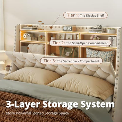 Queen Size Bed Frame with 3-Tier Storage & Headboard Load 1000lbs, view 4