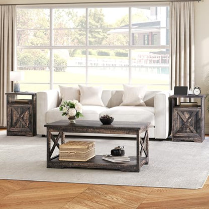 3-Piece Farmhouse Table Set Includes Coffee Table& Two End Tables, Side Table with Charging Station and USB Ports, for Living Room, Dark Oak