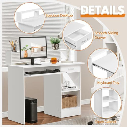 Computer Desk with Keyboard Tray, Drawers, and Shelves, White, view 5
