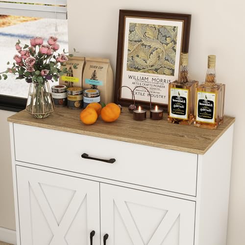 Wooden Cabinet 1 Drawer and 2 Doors Storage Cupboard Coffee Bar Sideboard Farmhouse Entryway Organizer Console (White)
