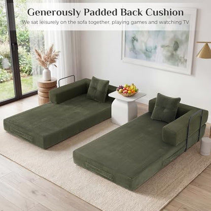 78 Inch Convertible Boneless Sleeper Sofa Bed, Modular Foldable Floor Couch, Corduroy Fabric, Memory Foam Filling, Modern Comfy Loveseat for Living Room, Small Spaces, Assembly Free, Green