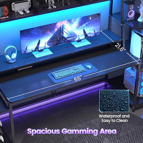 79'' Gaming Desk with LED Lights, Hutch and Storage Shelves, Black, view 5