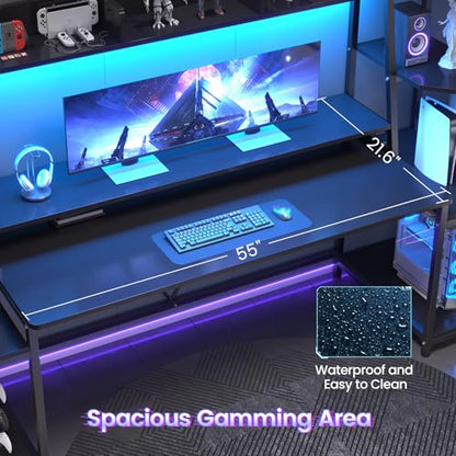 79'' Gaming Desk with LED Lights, Hutch and Storage Shelves, Black, view 5