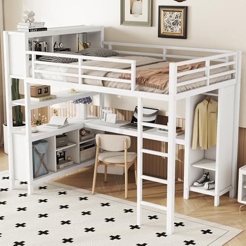 JIVOIT Full Size Loft Bed with L-Shaped Desk, Storage Cubes and Shelves, Heavy Duty Metal Loft Bed with Wardrobe for Kids Teens Adults, No Box Spring Needed (White/ Full,76)
