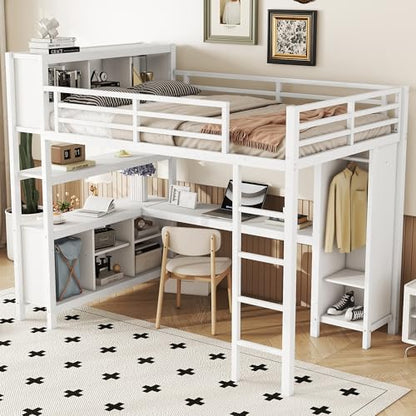 JIVOIT Full Size Loft Bed with L-Shaped Desk, Storage Cubes and Shelves, Heavy Duty Metal Loft Bed with Wardrobe for Kids Teens Adults, No Box Spring Needed (White/ Full,76)