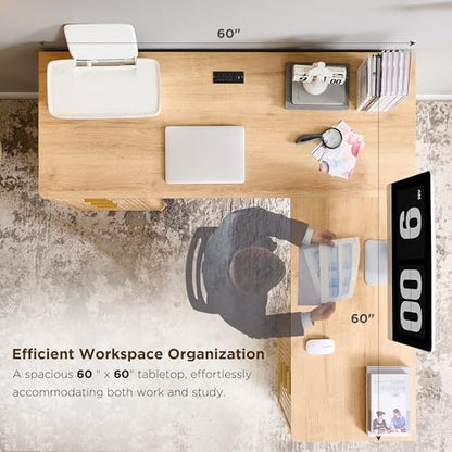 60'' Fluted Executive L Shaped Desk, Modern Home Office Desk with Charging Station and File Drawer, Computer Corner Desks with Drawers & Storage Cabinet for Office Home, Bedroom, Natural Oak