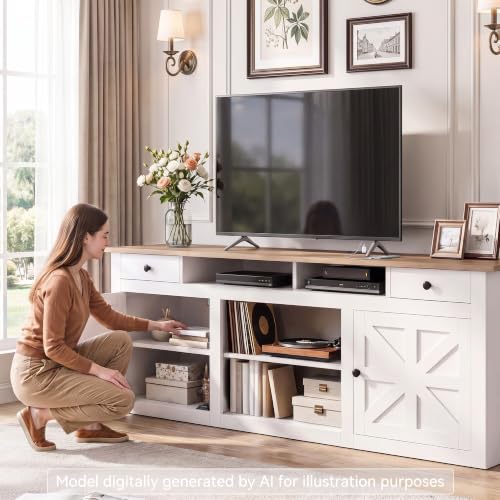 Farmhouse TV Stand with Power Outlet for 80 Inch TVs, White&Walnut, view 4