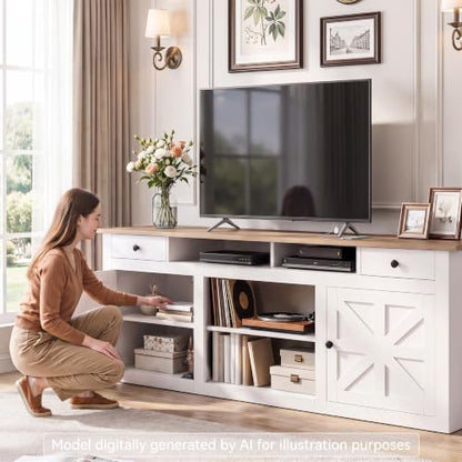 Farmhouse TV Stand with Power Outlet for 80 Inch TVs, White&Walnut, view 4
