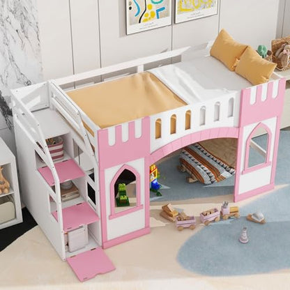 Twin Low Loft Bed with Staircase, Wood Princess Girls Bed Frame with Storage for Boys, Girls, Gray,Pink