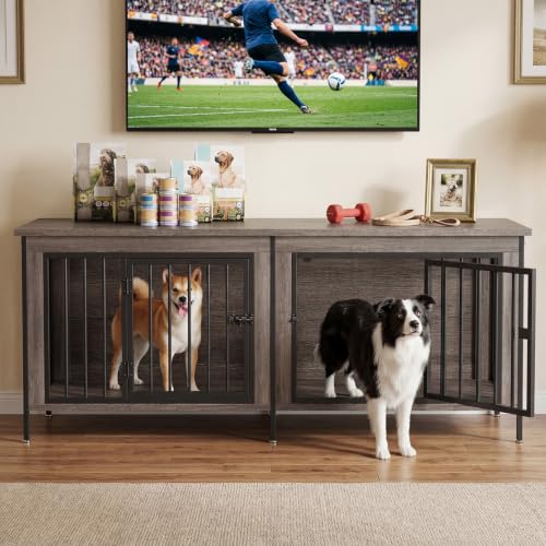 63" Double Dog Crate Furniture for 2 Dogs, Gray Wood Grain, view 2