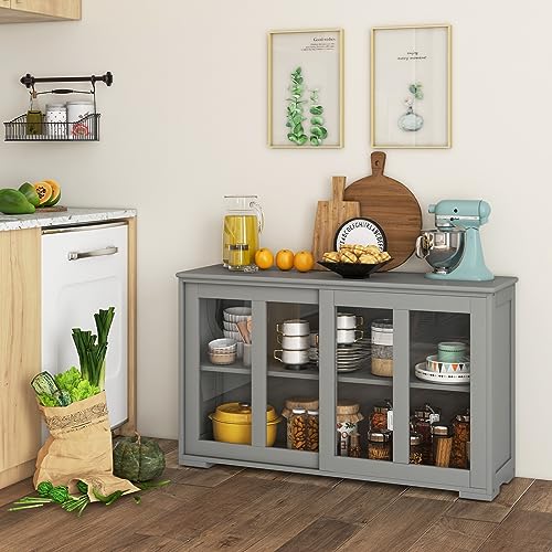Buffet Sideboard with Storage, 2-Door Floor Cupboard | Sliding Tempered Glass Cabinet & Adjustable Shelf, Stackable Storage Cabinet for Kitchen, Entryway (Gray)
