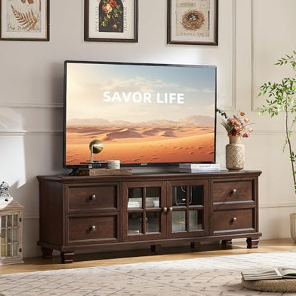 Farmhouse TV Stands for Living Room, Brown Entertainment Center with Storage, Wood TV Console with 4 Drawers, Rustic TV Cabinet for 65 inch TV, Walnut